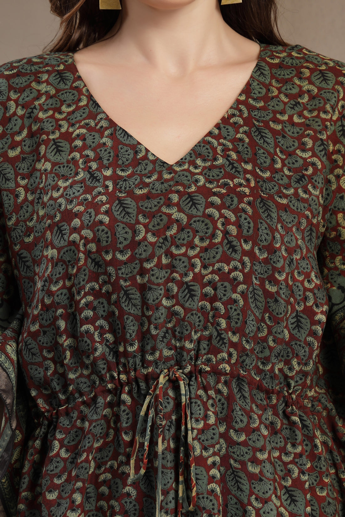 Hand-Block Printed Assam Silk Kaftan Dress with Drawstring Waist