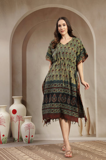 Assam Silk Printed Kaftan Dress with Drawstring Waist