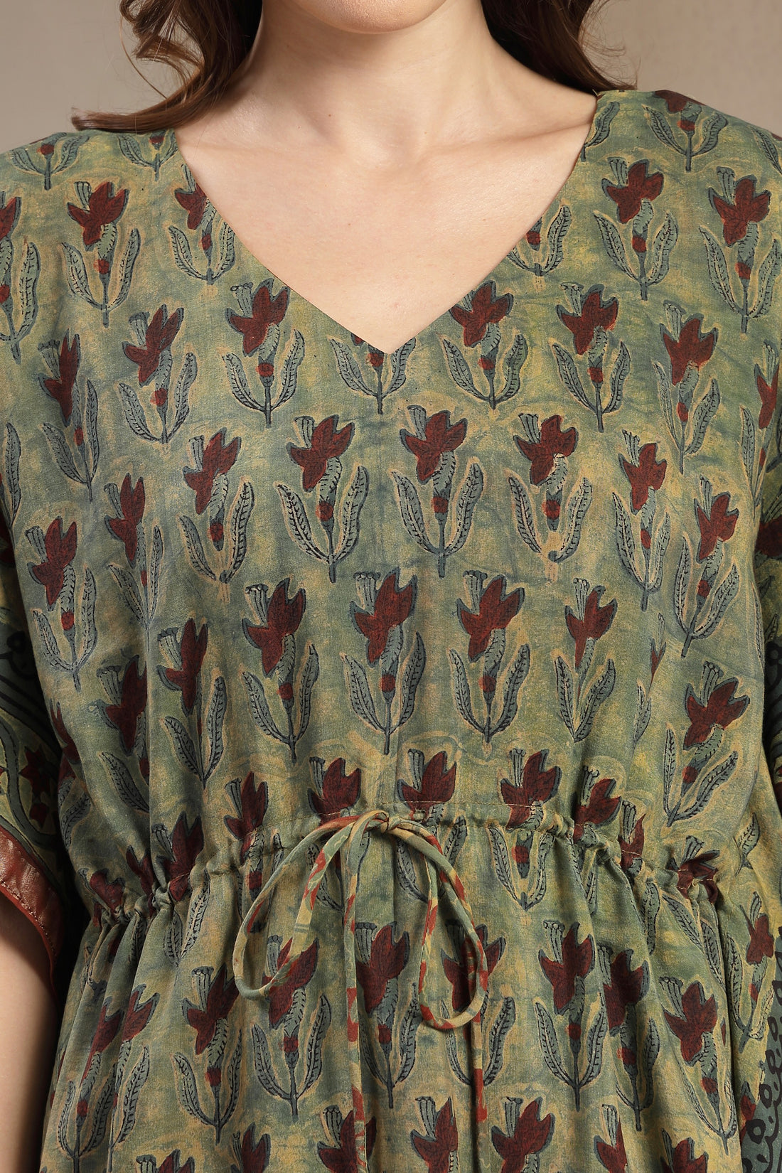 Assam Silk Printed Kaftan Dress with Drawstring Waist