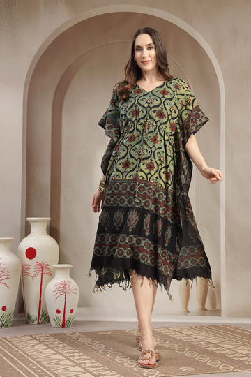 Assam Silk Printed Kaftan Dress with Drawstring Waist