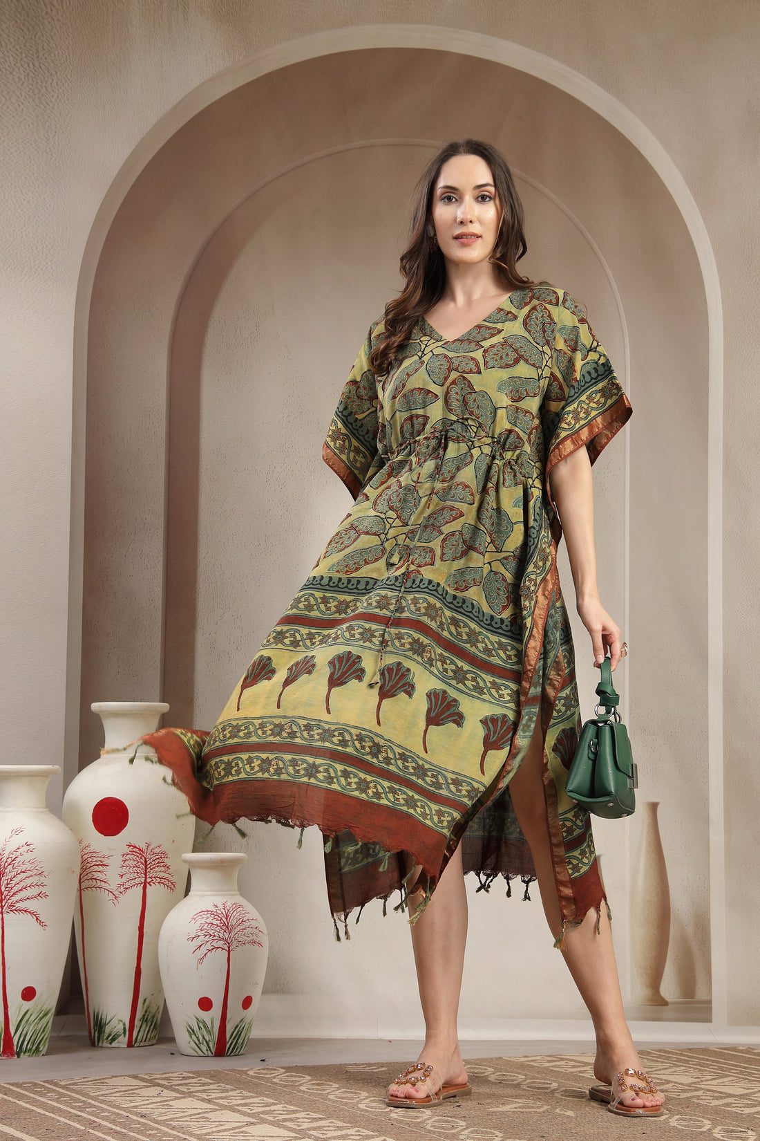 Assam Silk Printed Kaftan Dress with Drawstring Waist