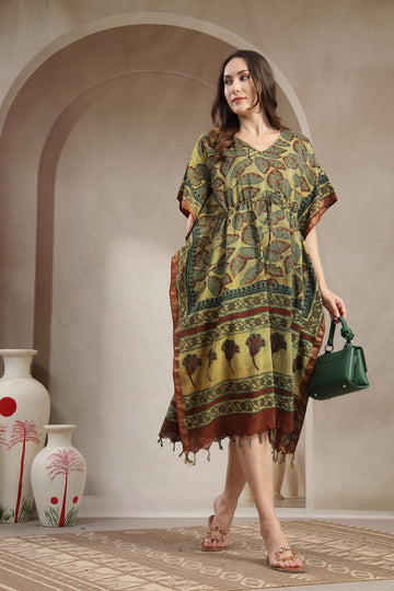 Assam Silk Printed Kaftan Dress with Drawstring Waist