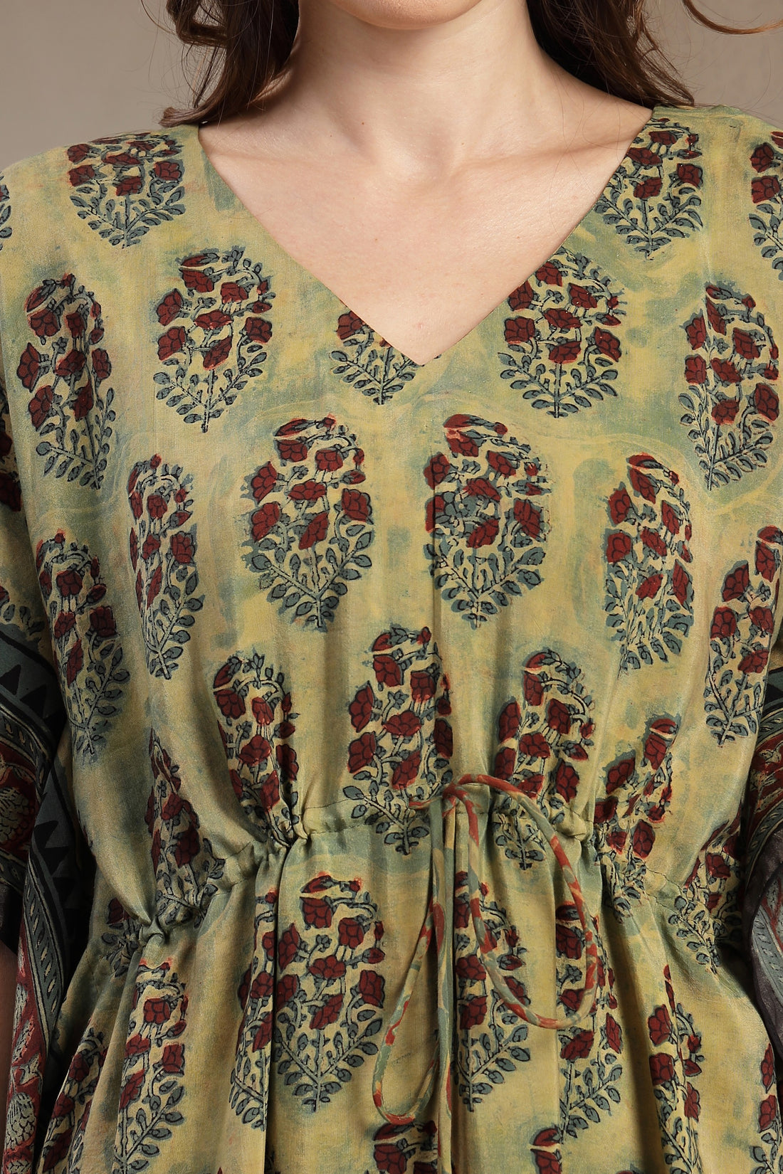 Assam Silk Hand-Block Printed Kaftan Dress with Drawstring Waist