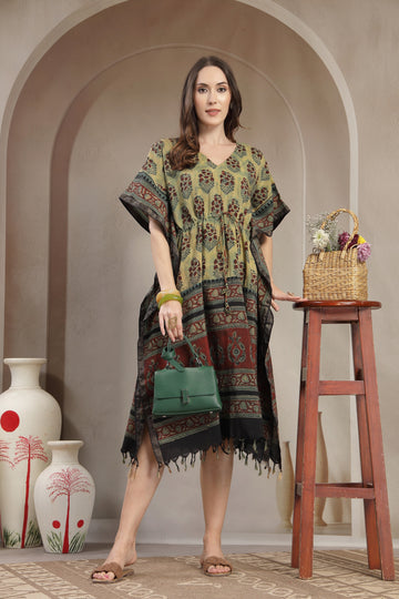 Assam Silk Hand-Block Printed Kaftan Dress with Drawstring Waist