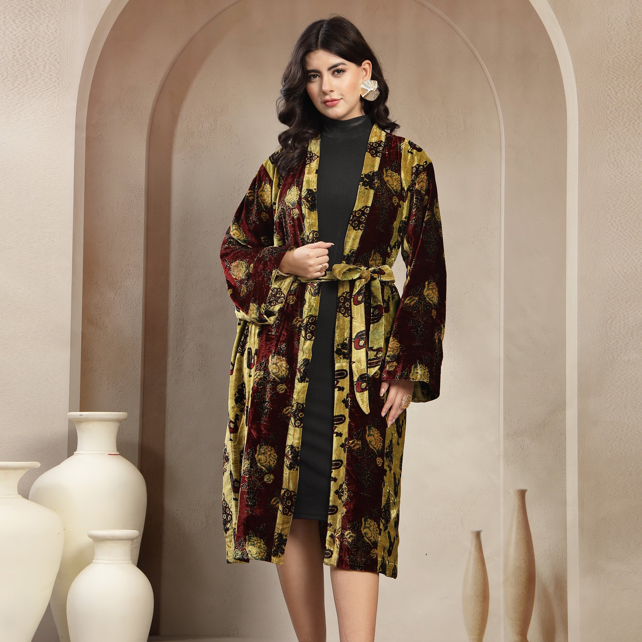Luxury Silk Velvet Brocade Kimono Coat For Women