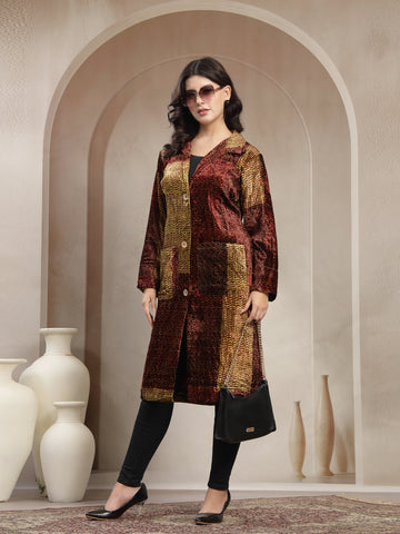 Women’s Premium Velvet Long Coat – Maroon & Gold