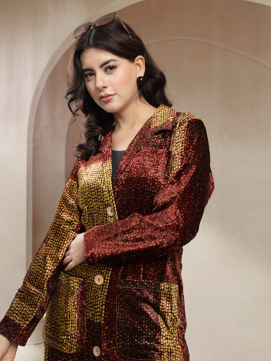Women’s Premium Velvet Long Coat – Maroon & Gold