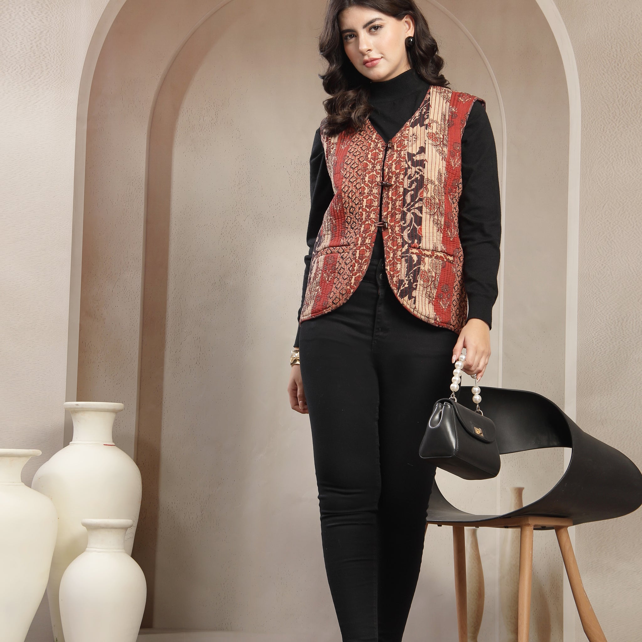 Hand Block Assam Silk Patchwork Sleeveless Jacket for Women