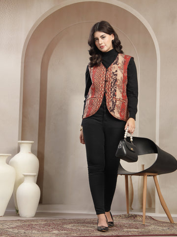 Hand Block Assam Silk Patchwork Sleeveless Jacket for Women