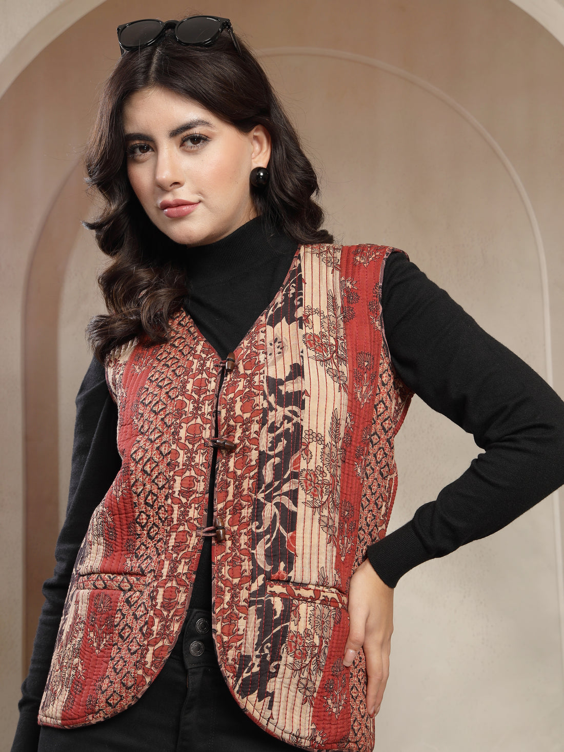 Hand Block Assam Silk Patchwork Sleeveless Jacket for Women