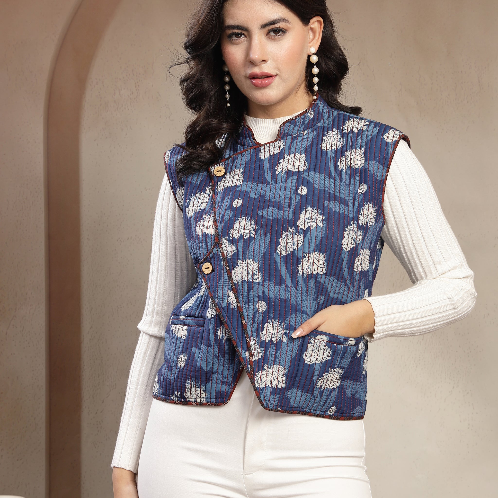 Women’s Hand Block Muslin Coat – Indigo Blue