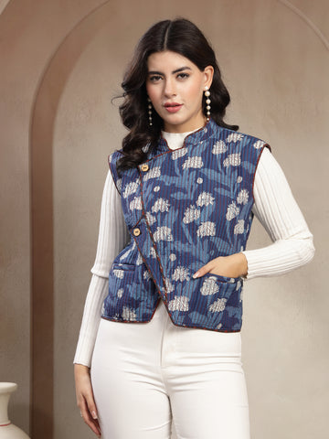 Women’s Hand Block Muslin Coat – Indigo Blue