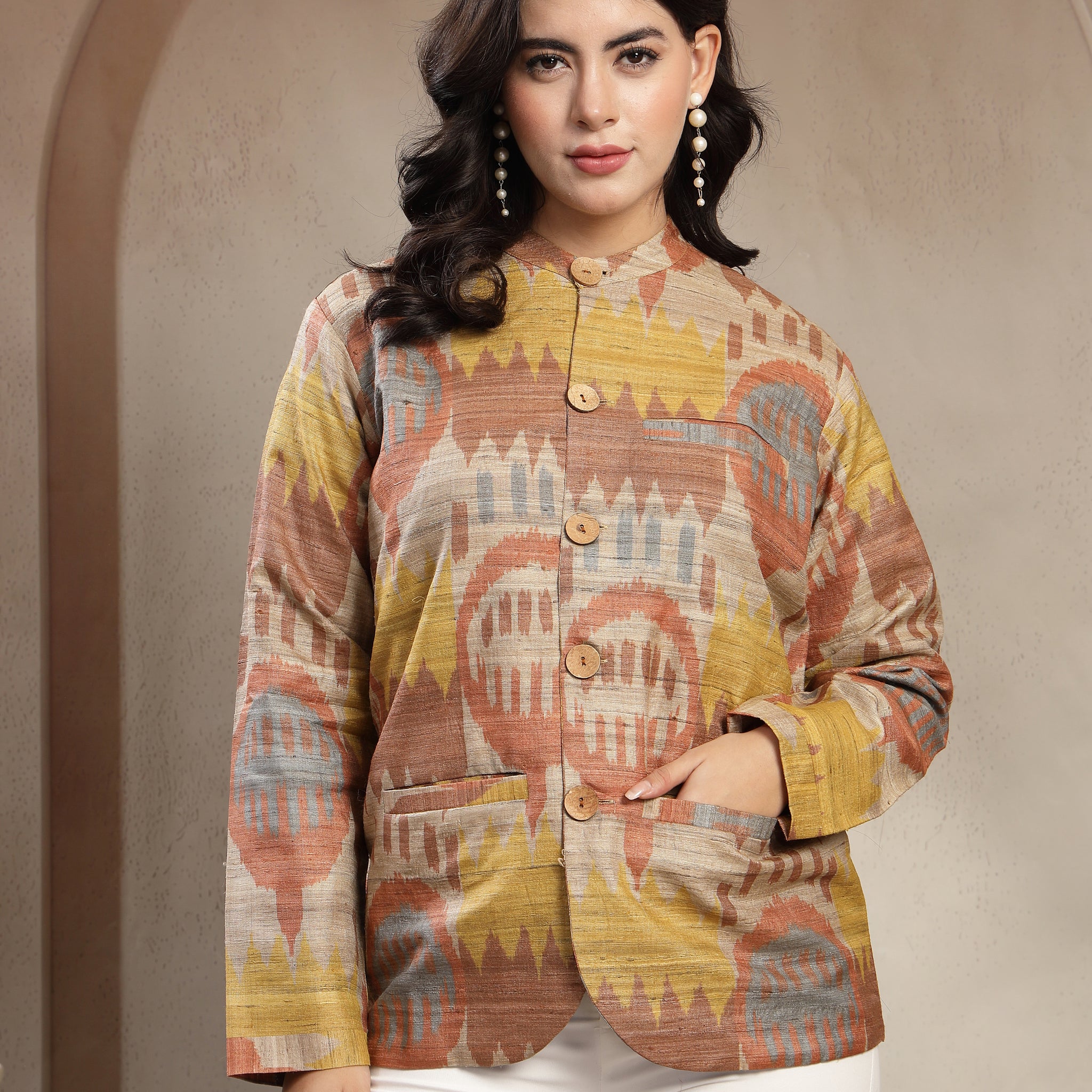 Hand Block Ikat Silk Jacket – Multi-Tone Artisanal Weave