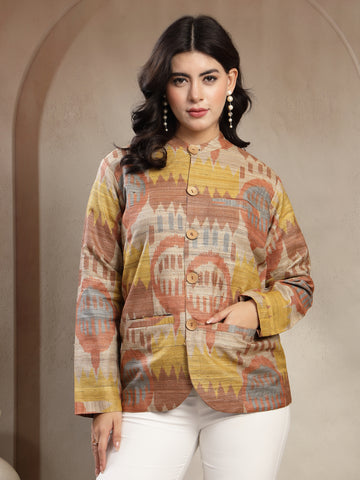 Hand Block Ikat Silk Jacket – Multi-Tone Artisanal Weave