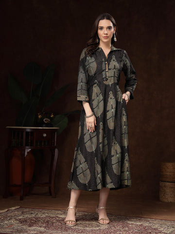 Black Hand-block Printed A-Line Long Dress