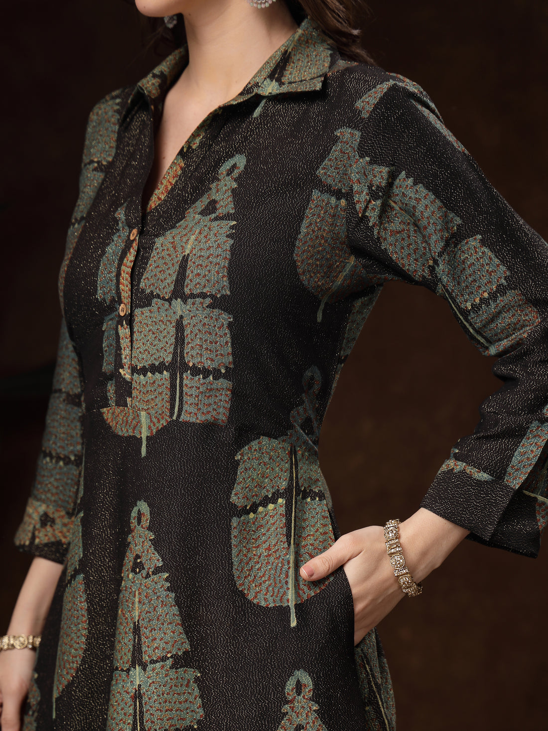 Black Hand-block Printed A-Line Long Dress