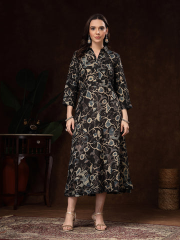 Black Handblocked printed / A-Line Dress