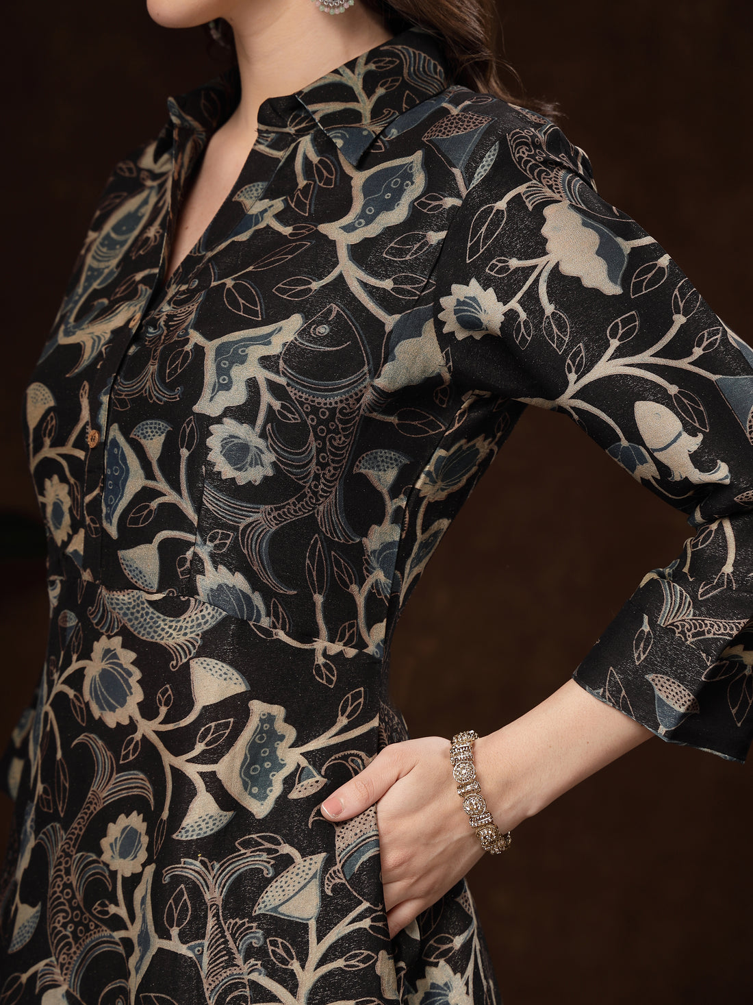 Black Handblocked printed / A-Line Dress