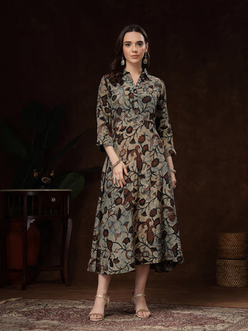 Handblocked Print Katan Satin Midi Dress – Buttoned Neckline