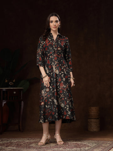 Black Hand-block-Printed A-Line Midi Dress