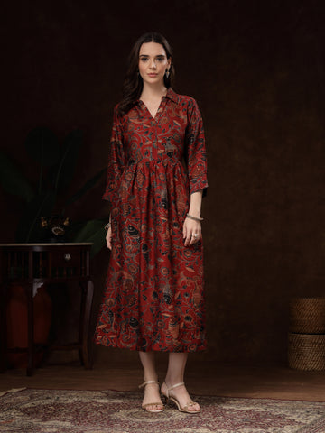 Hand Block Printed Katan Satin Dress – Rust Red