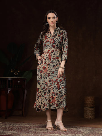 Beige Based Hand Block Printed Satin Dress