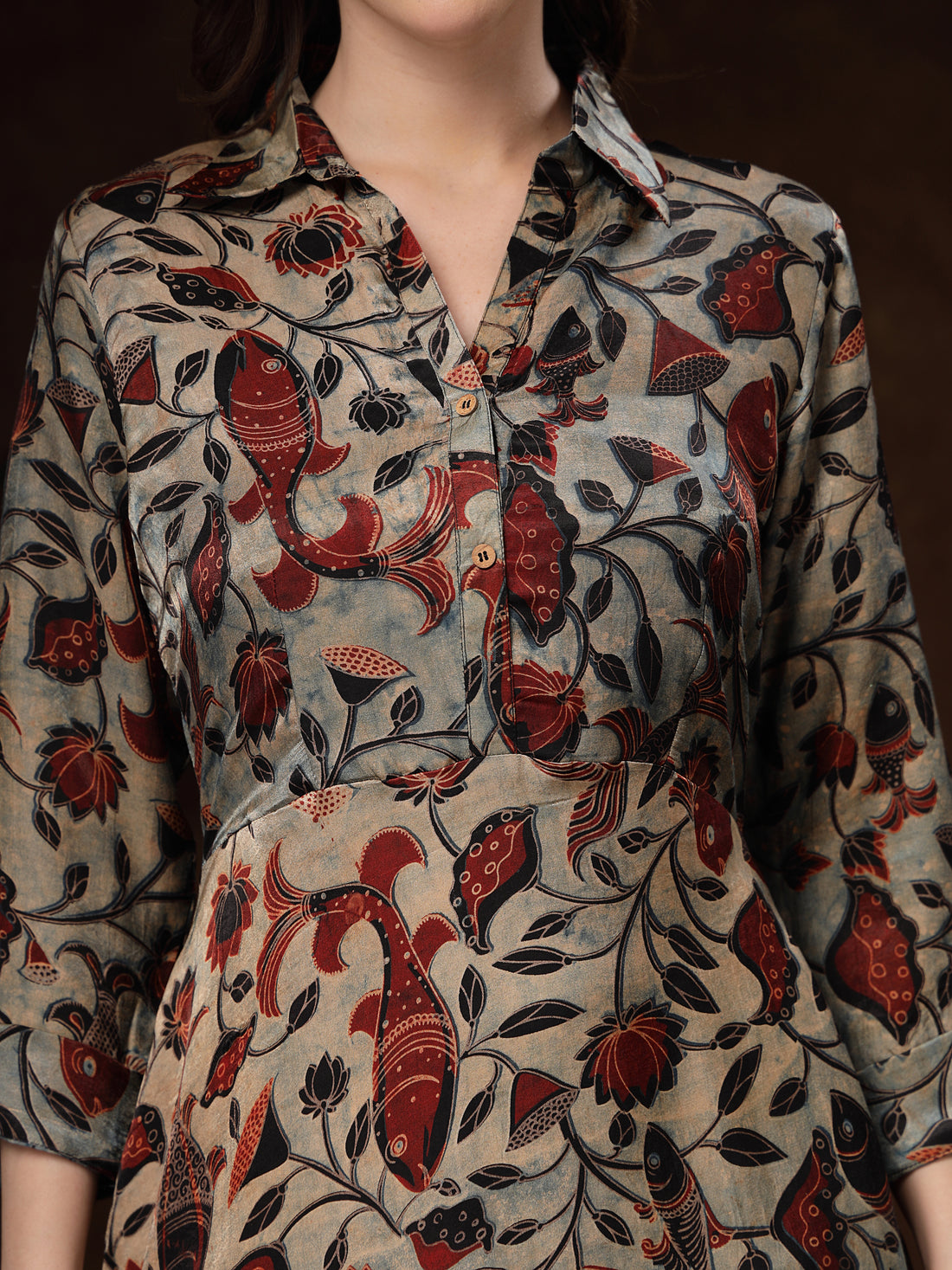 Beige Based Hand Block Printed Satin Dress