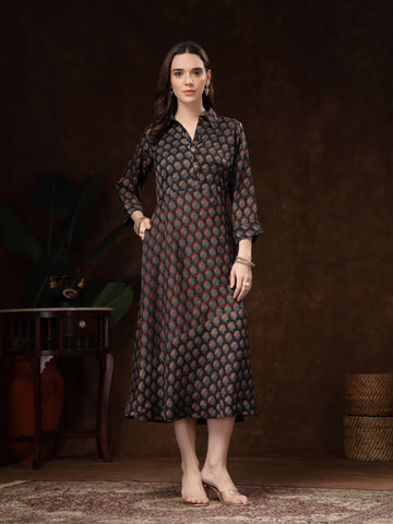 Black Hand Block Printed A-Line Dress