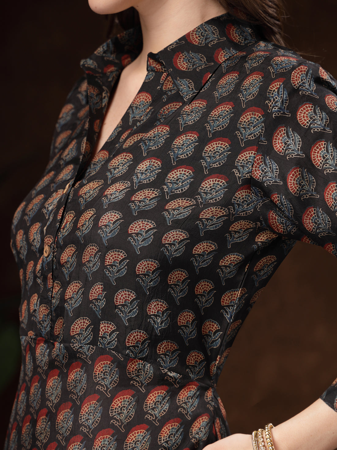 Black Hand Block Printed A-Line Dress