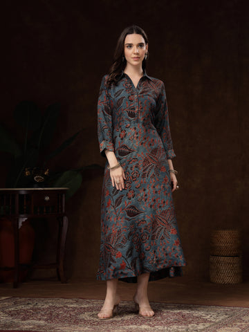 Teal & Maroon Hand-Block Printed Dress