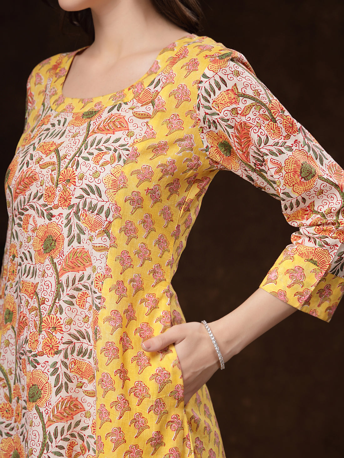 Yellow Hand block Printed Cotton(Mulmul) Dress