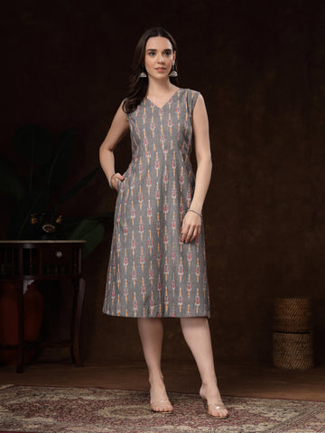Grey Ikat Printed Sleeveless Midi Dress