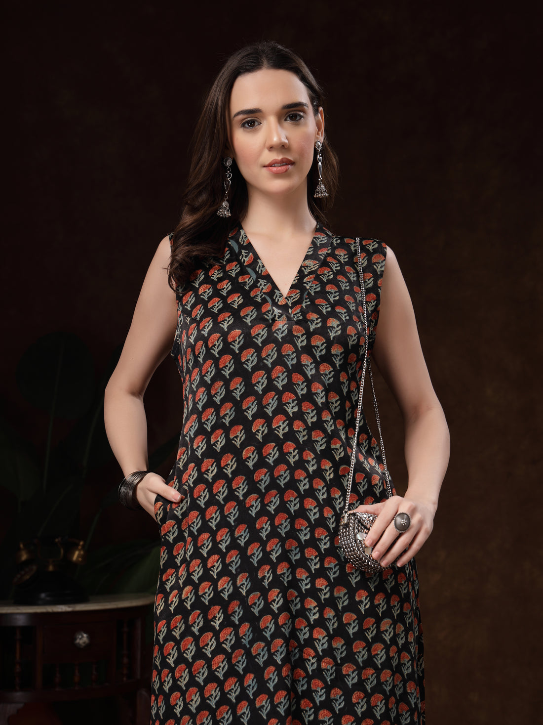 Black Sleeveless Handblock Printed Kurti – Katan Satin Fabric