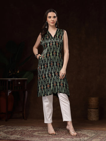Black Sleeveless V-Neck Hand Block Printed Kurti