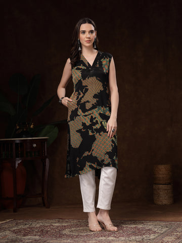 Black Sleeveless Hand Block Printed Kurti