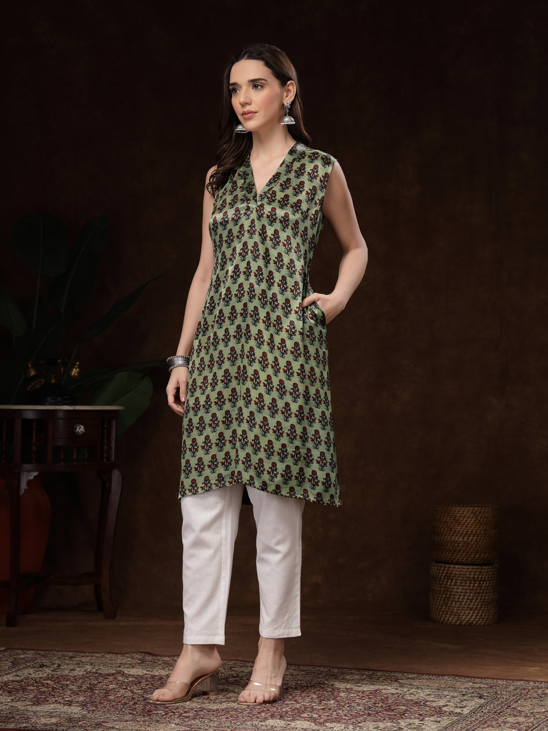 Green Hand Block Printed Sleeveless Kurta
