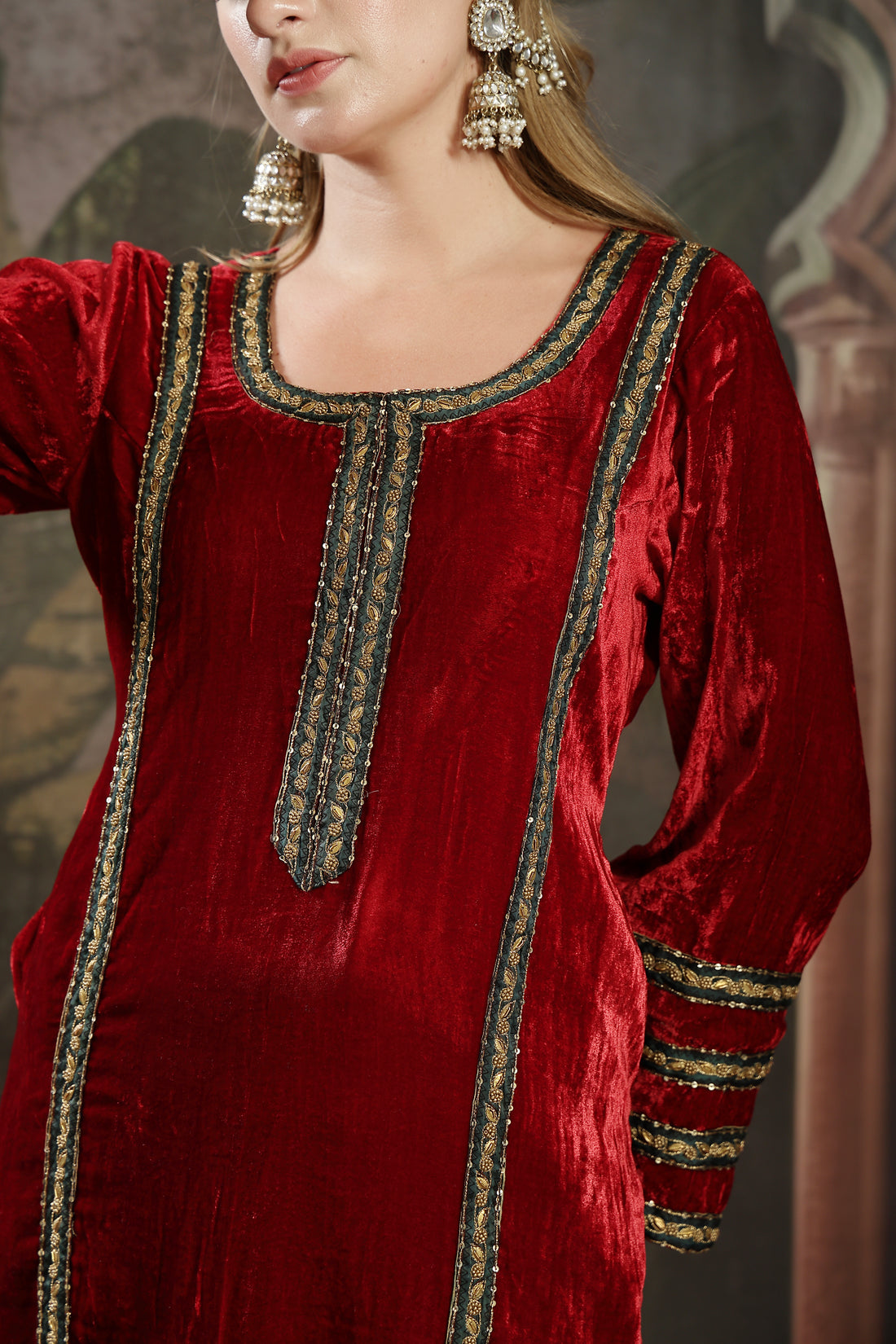 Regal Silk Velvet Embroidered Kurta Set – 3-Piece Luxury Ethnic Suite in Crimson & Noir