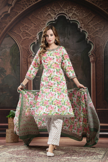Elegant Floral Printed Cotton Kurta Set with Dupatta