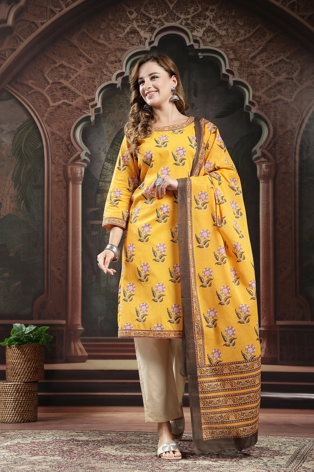 Mustard Yellow Floral Cotton Kurta Set with Dupatta