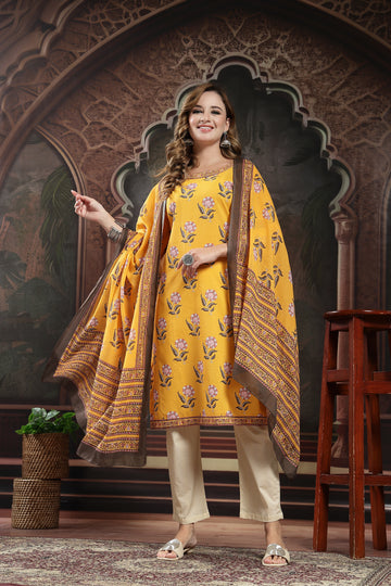 Mustard Yellow Floral Cotton Kurta Set with Dupatta