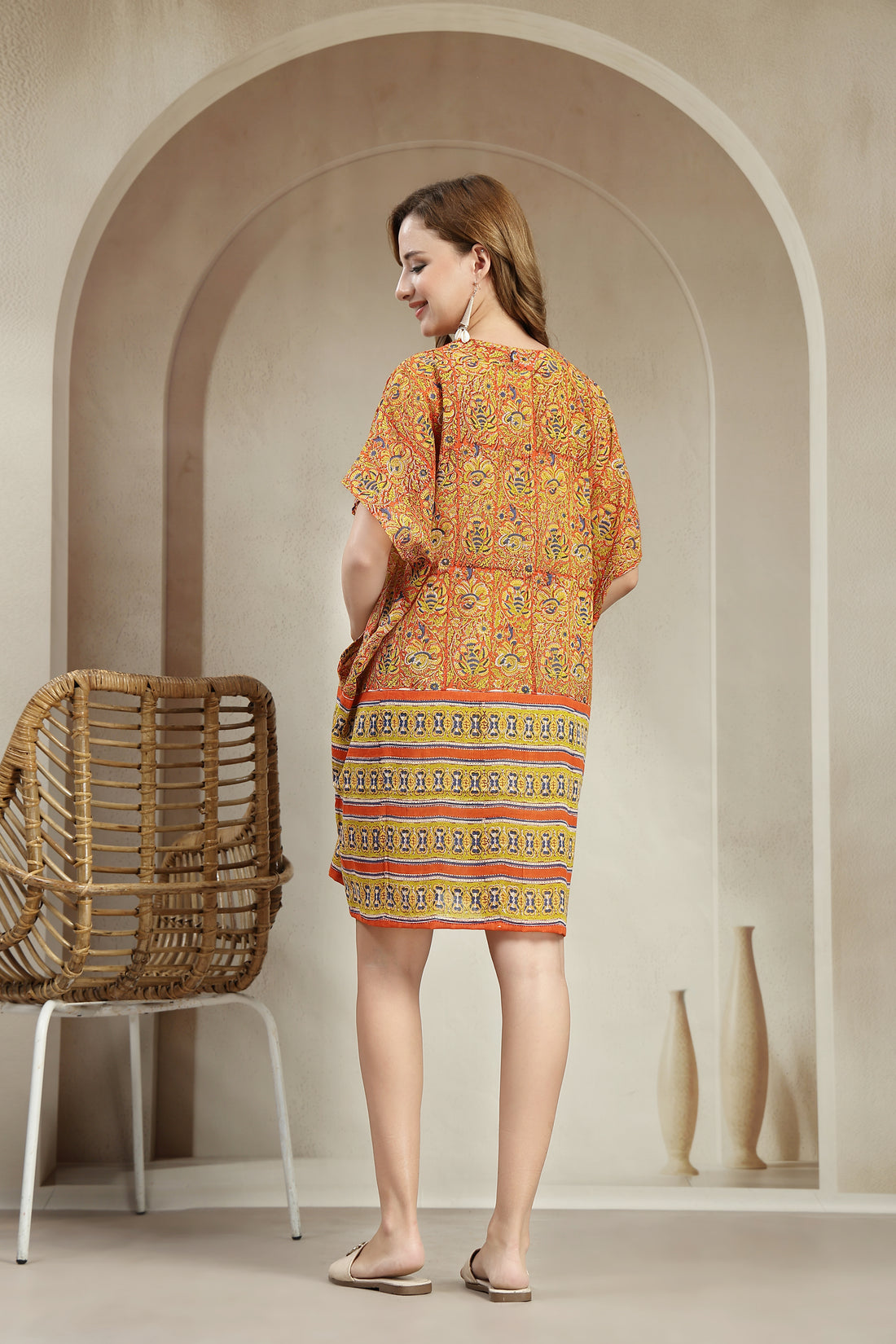 Mustard Yellow Floral Cotton Kaftan Dress – Relaxed Fit Boho Tunic with Border Detail