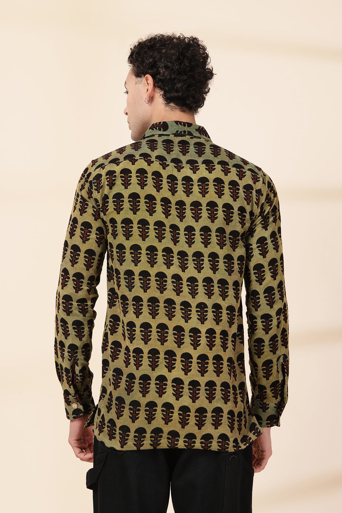 Men’s corduroy Handblock Printed Shirt – Olive Green Ethnic Print Casual Wear