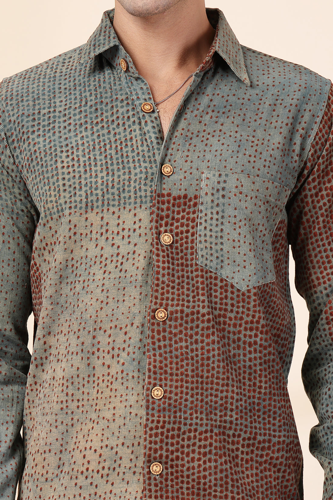 Corduroy  Hand-Block Printed Shirt | Abstract Dot Pattern | Full Sleeves Casual Wear