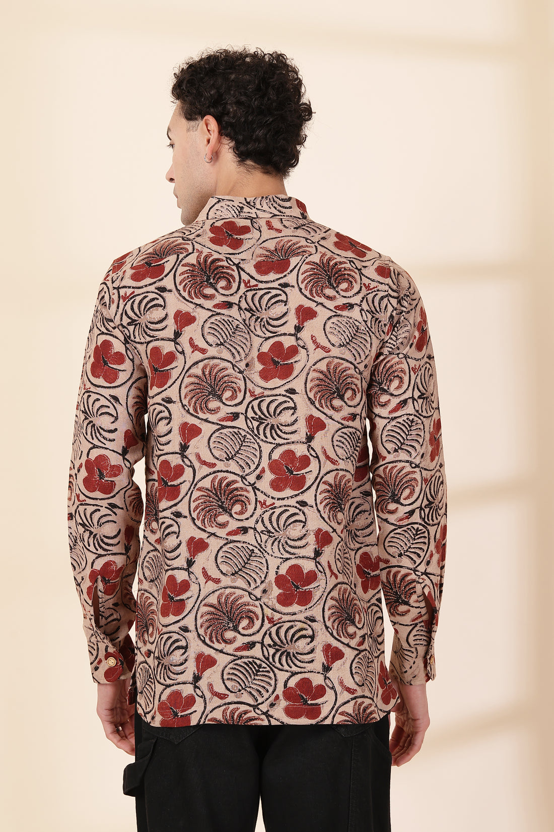 Linen Hand-Block Printed Shirt | Floral & Leaf Motif | Full Sleeves Casual Wea