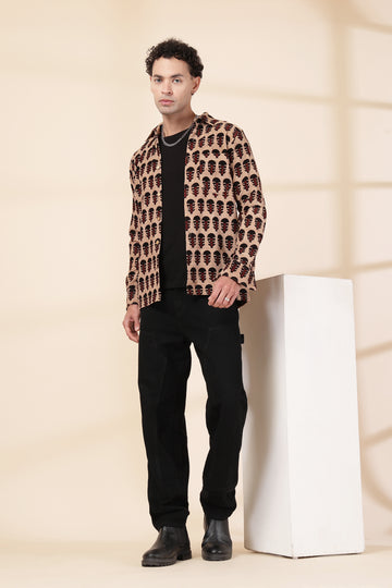 Men’s Corduroy Hand-Block Printed Shirt | Ethnic Motif Design | Full Sleeves Casual Wear