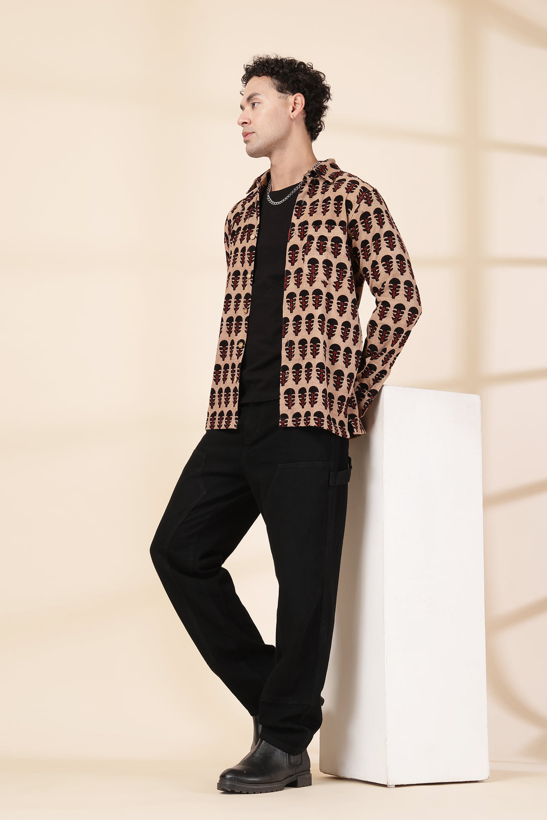 Men’s Corduroy Hand-Block Printed Shirt | Ethnic Motif Design | Full Sleeves Casual Wear