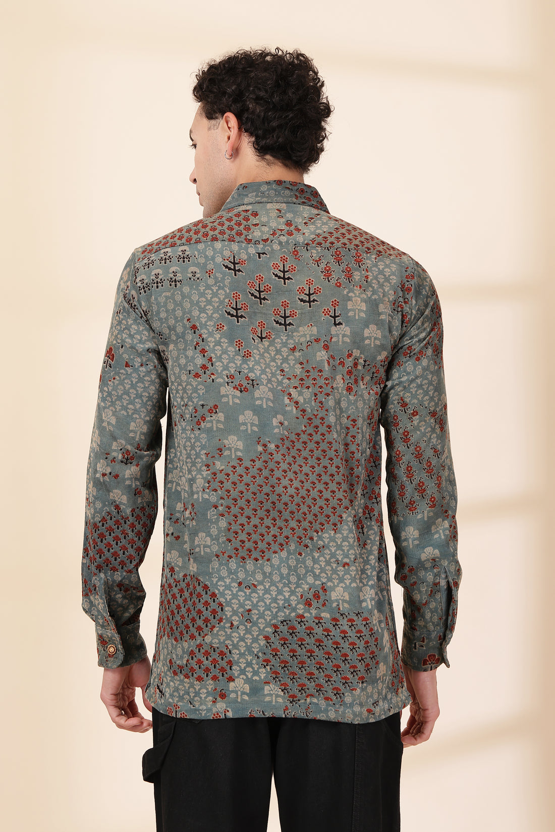 Men’s Corduroy Hand-Block Printed Shirt | Floral Ethnic Patchwork Design | Full Sleeves Casual Wear