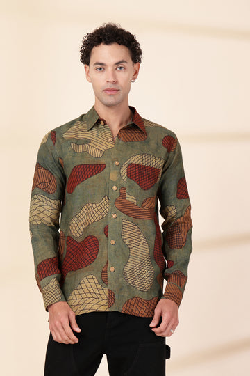 Men’s Linen Hand-block Printed Shirt | Abstract Art Pattern | Full Sleeves Casual Wear