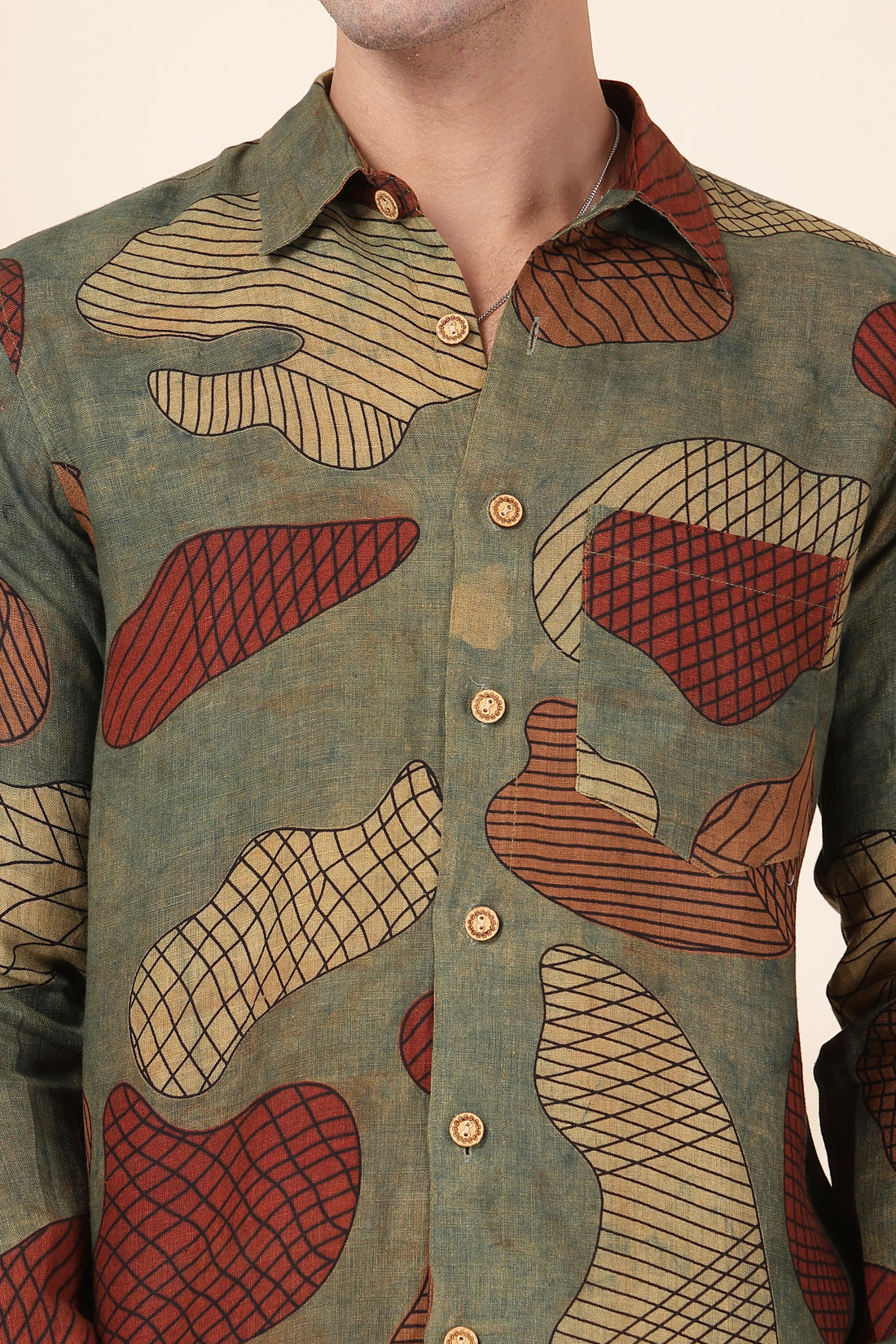 Men’s Linen Hand-block Printed Shirt | Abstract Art Pattern | Full Sleeves Casual Wear