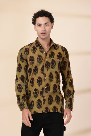 Men’s Olive Mustard Floral Hand-Block Print Corduroy Shirt – Premium Hand-Printed Button-Down
